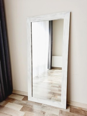 Dfn Wood Masif Ahşap Dikdörtgen Beyaz Dekoratif Duvar Salon Ofis Boy Aynası 100X40 cm