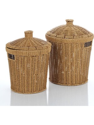 Kapaklı Rattan Patates Soğan Saklama Sepeti 2'li Set – Kiler/mutfak Organizer, Doğal Hasır Görünüm (27×28×27 cm + 23×24×24 Cm)