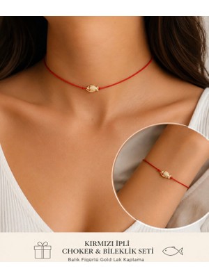 Femenino Kırmızı Ipli Lak Kaplama Balık Figürlü Choker Kolye ve Bileklik Seti