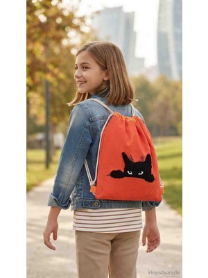 Reyn %100 El Emeği Siyah Kedi Punch Işlemeli Turuncu Sırt Çantası
