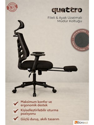 Quattro Fileli Müdür Koltuğu Ayak Uzatmalı Çalışma Koltuğu Siyah