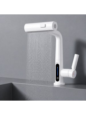 YeniTech 3 Modlu LED Sıcaklık Göstergeli Çekilebilir Şelale Musluk 360° Döner Mutfak Banyo Lavabo Bataryası
