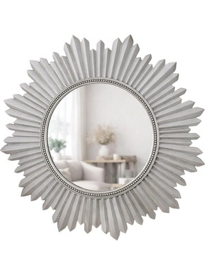 Dekoratif Yuvarlak Duvar Aynası – Güneş Desenli Modern Çerçeve, 47 Cm, Salon Antre Banyo Için Şık Ayna (Gümüş)