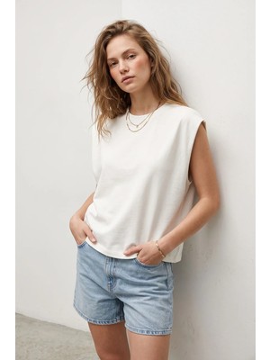 elemge %100 Pamuk Süprem Tok Kumaş Kadın Oversize Ekru T-Shirt Geniş Omuzlu Dökümlü Kolsuz Bol Kalıp Compact Penye