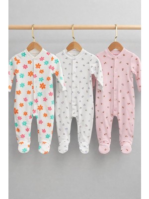 Myzi Store Kız Bebek Çiçek Desenli 3'lü 2 Si Patikli 1 Patiksiz Tulum Seti RIB%100 Pamuk Uzun Kollu