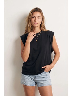 elemge %100 Pamuk Süprem Tok Kumaş Kadın Oversize Siyah T-Shirt Geniş Omuzlu Dökümlü Kolsuz Bol Kalıp Compact Penye