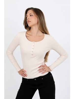 Hdm Kadın Fildişi Uzun Kollu Fitilli Patlı Düğmeli Basic Örme Bluz - H6162