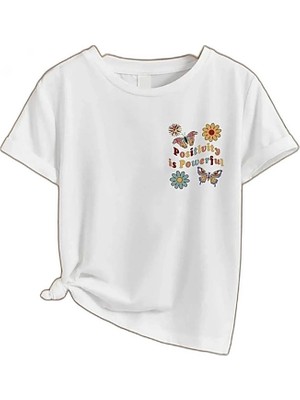 Zamerya Kız Çocuk Bisiklet Yaka Baskılı T-Shirt - Beyaz
