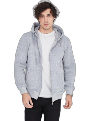 Zamerya Erkek 3 Iplik Pamuklu Fermuarlı Kapüşonlu Kanguru Cepli Hoodie Hırka Sweatshirt - Gri