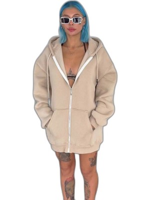 Zamerya Kadın 3 Iplik Pamuklu Kapüşonlu Kanguru Cepli Baskılı Oversize Hoodie Sweatshirt - Bej