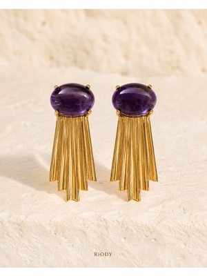 Riody Nuit Violette Gold Kaplama Mor Doğal Taşlı Saçaklı Kadın Küpe