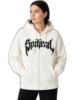 Zamerya Kadın Kapüşonlu 3 Iplik Pamuklu Önü Baskılı Fermuarlı Oversize Hoodie Sweatshirt - Beyaz