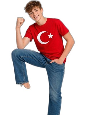 Zamerya Erkek Çocuk Tişört Bisiklet Yaka Ay Yıldız Bayrak Baskılı T-Shirt - Kırmızı