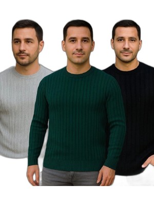 Zamerya Erkek Fitilli Triko Bisiklet Yaka Kalın Kazak 3'lü Set Gri-Haki-Siyah