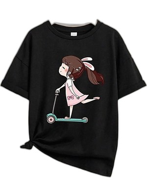 Zamerya Kız Çocuk Bisiklet Yaka Baskılı T-Shirt - Siyah