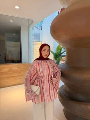 Efulim Womens Çizgili Tunik Tesettür Uzun Kollu Rahat Kesim Günlük Şık Tunik
