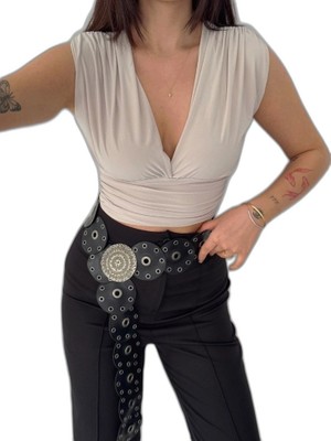 Zamerya Kadın Vatkalı Kolsuz V Yaka Drapeli Crop Bluz Likralı Fit - Boyalı Gri