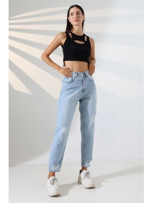 sports here Kız / Kadın Yırtık Detaylı Yüksek Bel Relaxed Boyfrıend Fit Denim Kot Pantolon