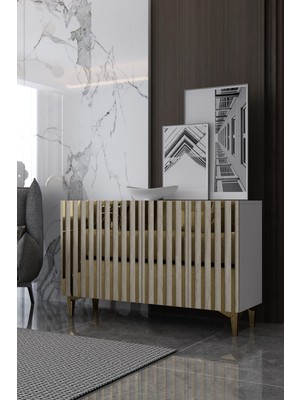 Dekortis Home Dekor 120DHDK6BTA Aden Pleksi Desen Konsol ve Tv Sehpası, Ünitesi Beyaz-Traverten-Altın