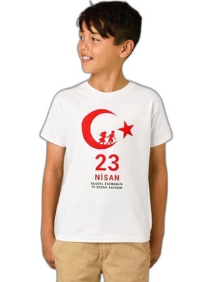 Zamerya Çocuk 23 Nisan Ulusal Egemenlik ve Çocuk Bayramı Baskılı Bisiklet Yaka T-Shirt - Beyaz