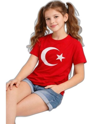 Zamerya Kız Çocuk Tişört Bisiklet Yaka Ay Yıldız Bayrak Baskılı T-Shirt - Kırmızı