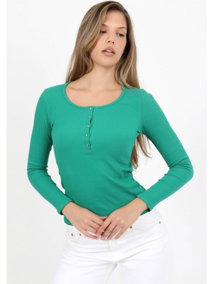 Hdm Kadın Yeşil Uzun Kollu Fitilli Patlı Düğmeli Basic Örme Bluz - H6162
