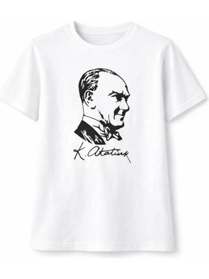 Zamerya Erkek Çocuk Atatürk Baskılı Tişört Kısa Kollu Bisiklet Yaka T-Shirt - Beyaz