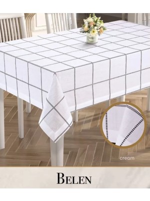 Belen Model Krem 155X220 cm Keten Masa Örtüsü Şık Yemek Masası Örtüsü Salon Dekoru