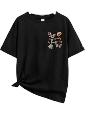 Zamerya Kız Çocuk Bisiklet Yaka Baskılı T-Shirt - Siyah