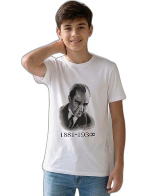 Zamerya Erkek Çocuk Atatürk Baskılı Tişört Kısa Kollu Bisiklet Yaka T-Shirt - Beyaz