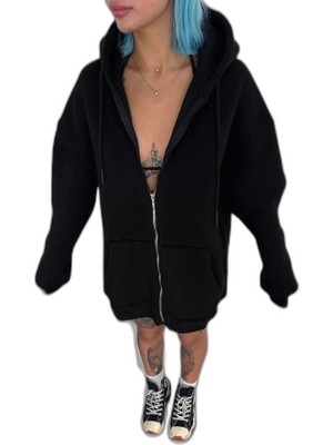 Zamerya Kadın Tam Fermuarlı Cepli Kapüşonlu 3 Iplik Pamuklu Hoodie Sweatshirt - Siyah