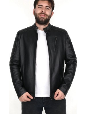 Ege Deri %100 Hakiki Kuzu Derisi Puntolu Erkek Siyah Mont Hakim Yaka