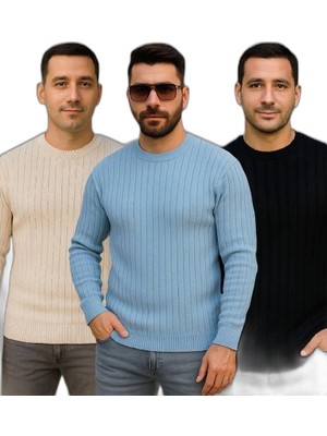 Zamerya Erkek Fitilli Triko Bisiklet Yaka Kalın Kazak 3'lü Set Bej-Bebek Mavisi-Siyah