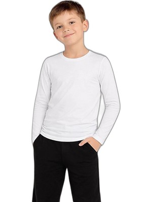 Zamerya Erkek Çocuk Basic Uzun Kollu Tişört Okul Günlük Rahat T-Shirt - Beyaz