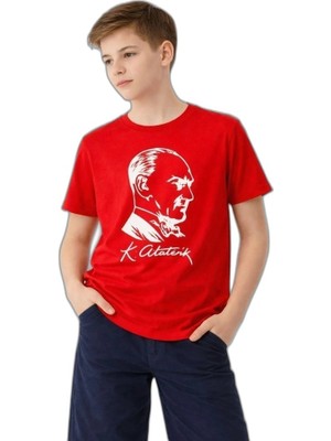 Zamerya Erkek Çocuk Atatürk Baskılı Tişört Kısa Kollu Bisiklet Yaka T-Shirt - Kırmızı