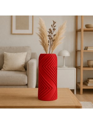 Alvera Vector Vazo – 3D Baskı Geometrik Çizgili Dekoratif Vazo-Kırmızı