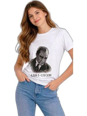 Zamerya Kız Çocuk Atatürk Baskılı Tişört Kısa Kollu Bisiklet Yaka T-Shirt - Beyaz