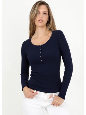 Hdm Kadın Lacivert Uzun Kollu Fitilli Patlı Düğmeli Basic Örme Bluz - H6162