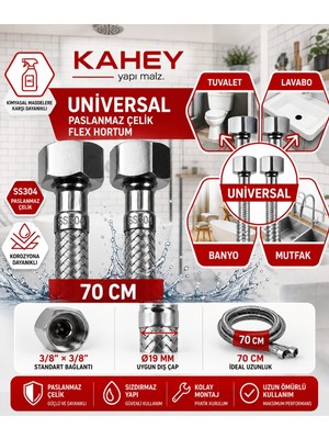 Kahey 70 cm Paslanmaz Çelik Örgülü Flex Hortum – 3/8"x3/8" Klozet & Taharet Musluğu Bağlantı Hortumu