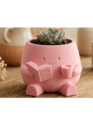 Alvera Kitap Okuyan Saksı – 3D Baskı Kupa Tutan Sevimli Saksı-Pembe