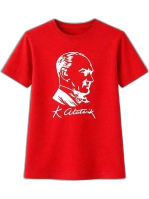 Zamerya Kız Çocuk Atatürk Baskılı Tişört Kısa Kollu Bisiklet Yaka T-Shirt - Kırmızı