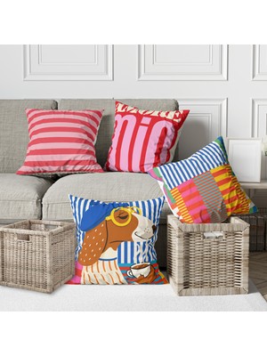 Alkan Homes 4 Lü Kombin Sevimli Köpek ve Renkli Modern Desenli Dekoratif Dijital Baskılı Kırlent Kılıfı