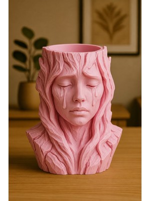Alvera Ağlayan Kadın Büst Saksı – 3D Baskı Sanatsal Dekoratif Saksı - Pembe