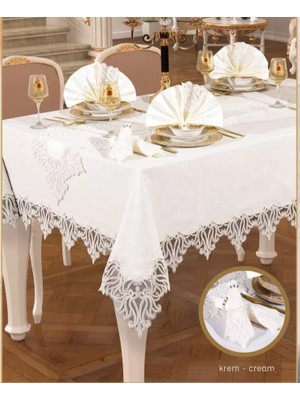 Ceki Home Gülse 12 Kişilik 26 Parça 160 × 220 cm Runner Krem Lüks Çeyizlik Yemek Takımı Masa Seti
