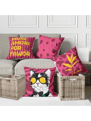 Alkan Homes 4 Lü Kombin Sevimli Kedi. Modern Desenli Dekoratif Dijital Baskılı Kırlent Kılıfı