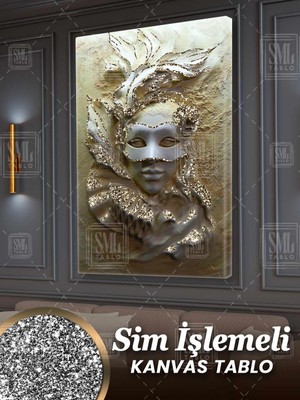SML Tablo Simli Gizemli Pırıltılı Balo Maskesi Alçı Mermer Kadın Sim Işlemeli Dikey Kanvas Tablo