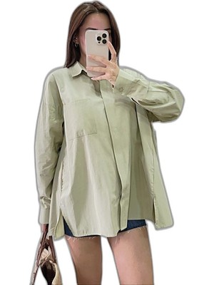 Zamerya Kadın Oversize Pens Detaylı Cepli Yırtmaçlı Rahat Kalıp Poplin Gömlek - Yeşil