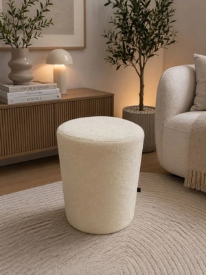 Wooly Life Puf Tedy Kumaş Oturma Pufu Çok Amaclı Makyaj Koltuğu Beyaz
