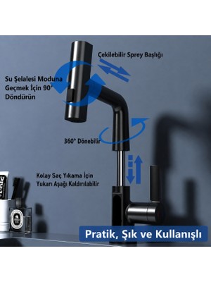 LED Sıcaklık Göstergeli 3 Fonksiyonlu Şelale Musluk Çekilebilir Başlık 360° Mutfak Banyo Bataryası