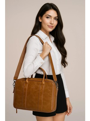 Meschain Meschaın Crazy Taba Renk Macbook Organizer 13 ve 14 Inç Laptop Evrak Çantası